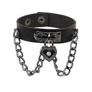 Goth Punk Lolita EGL Vkei Faux Leather Metal Chains & Heart Cuff Bracelet